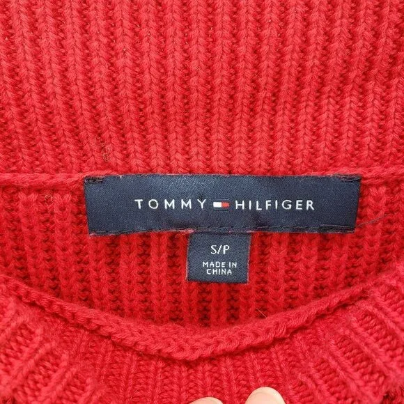 TOMMY HILF. Cate Boat Neck Red Navy Color Block Cable Knit Sweater S - Picture 5 of 10